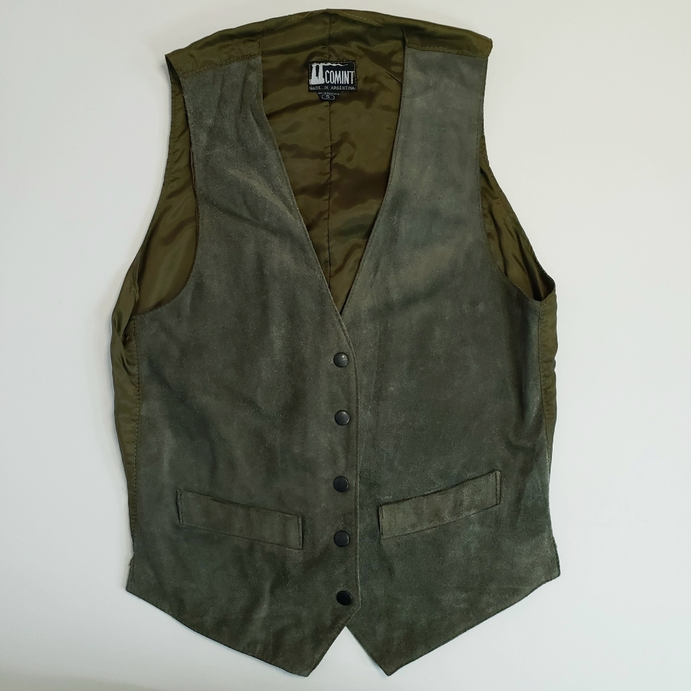 Comint Green Suede Genuine Leather Vest Snap Front V Neck Lined Western Pockets